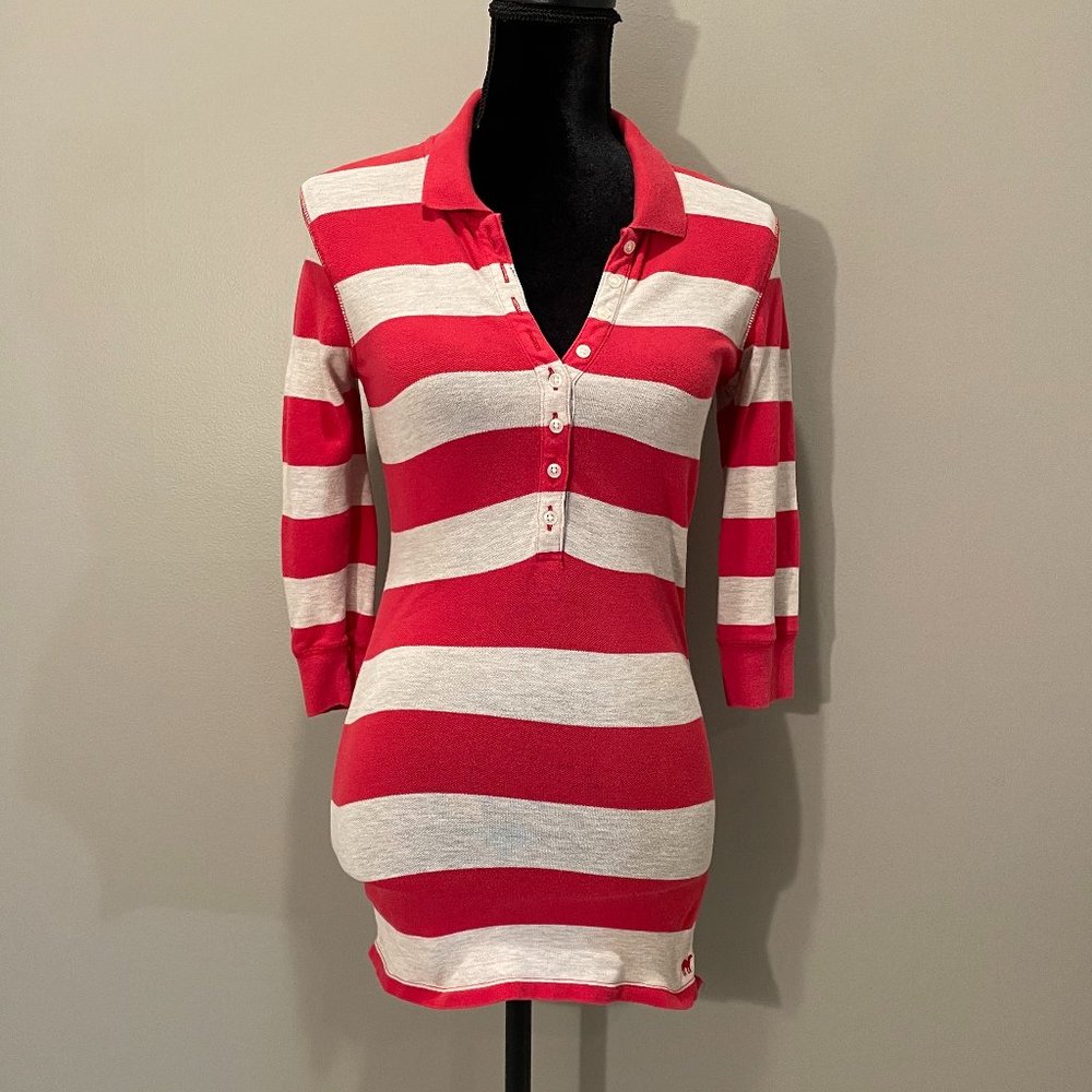 Red Camel 6 Button Red Striped 3/4 Sleeve Polo  sz S NWOT